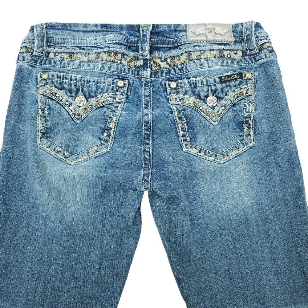 Miss Me Jeans Mid Rise Easy Boot Cut Faux Flap Size 30x29 READ Stretch Med Wash